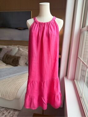 Bright Pink 100% Linen Halter Sundress. Made in Italy.